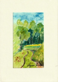 Chemin en Pays de Bray - Gouache - aquarelle - petit format.