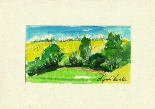 Prairies en Pays de Bray - Gouache - aquarelle - petit format.