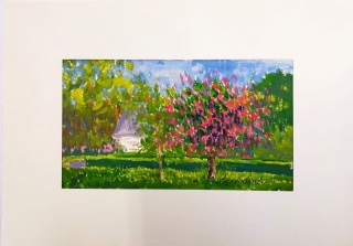 L'arbre rose à Mesnières-en-Bray - Gouache - aquarelle - petit format.