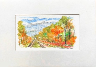 Chemin d'automne - Gouache - aquarelle - petit format.